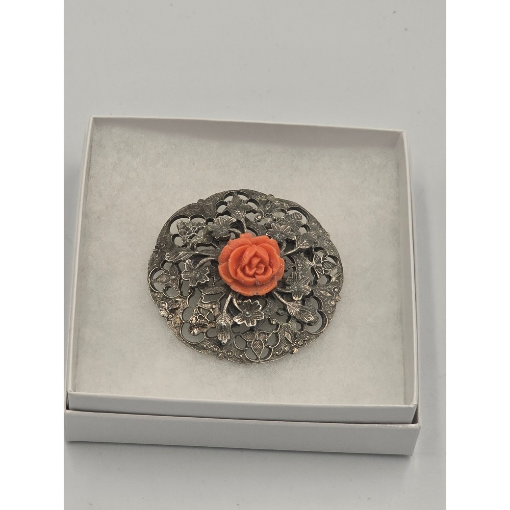Vintage Silver Tone Filigree Brooch Carved Salmon Coral Resin Rose Floral Pin